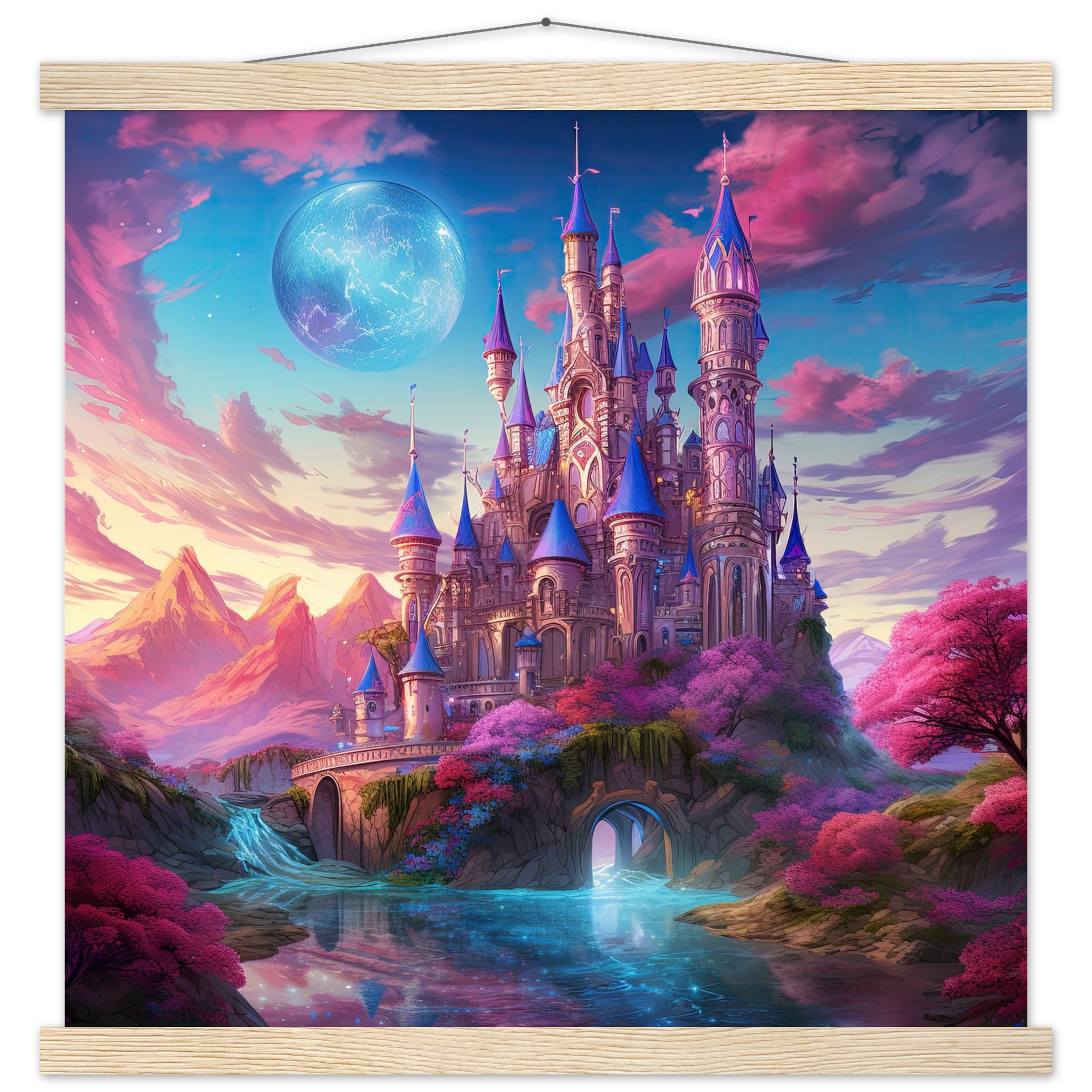 Colorful Fairy Tale Castle Art Print with Hanger – 45×45 cm / 18×18″, Natural wood wall hanger