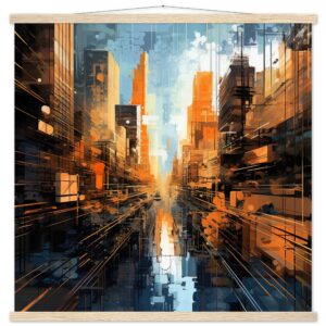 Abstract City Art Print with Hanger - 70x70 cm / 28x28″, Natural wood wall hanger