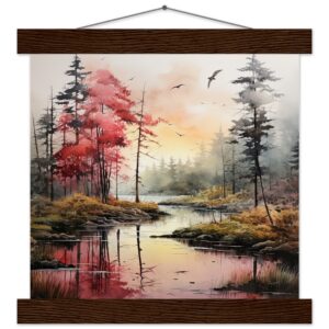 Red Lake Sunset - Watercolor Landscape Print with Hanger - 25x25 cm / 10x10″, Dark wood wall hanger
