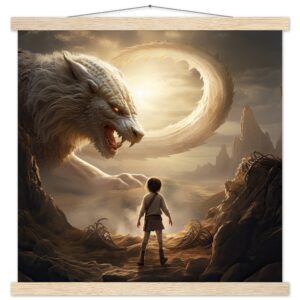 The Boy and the Chimera Art Print with Hanger - 45x45 cm / 18x18″, Natural wood wall hanger