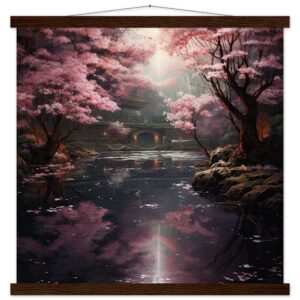 Secret Cherry Blossom Temple Art Print with Hanger - 50x50 cm / 20x20″, Dark wood wall hanger