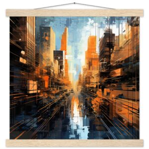 Abstract City Art Print with Hanger - 40x40 cm / 16x16″, Natural wood wall hanger