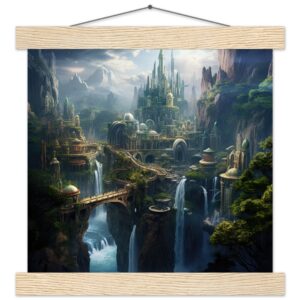 Elven Kingdom Art Print with Hanger - 25x25 cm / 10x10″, Natural wood wall hanger