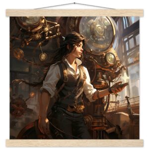 Steampunk Princess Art Print with Hanger - 40x40 cm / 16x16″, Natural wood wall hanger
