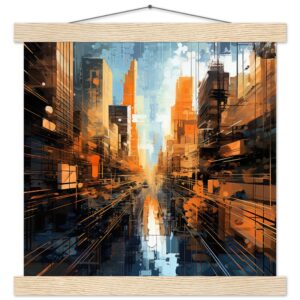 Abstract City Art Print with Hanger - 30x30 cm / 12x12″, Natural wood wall hanger