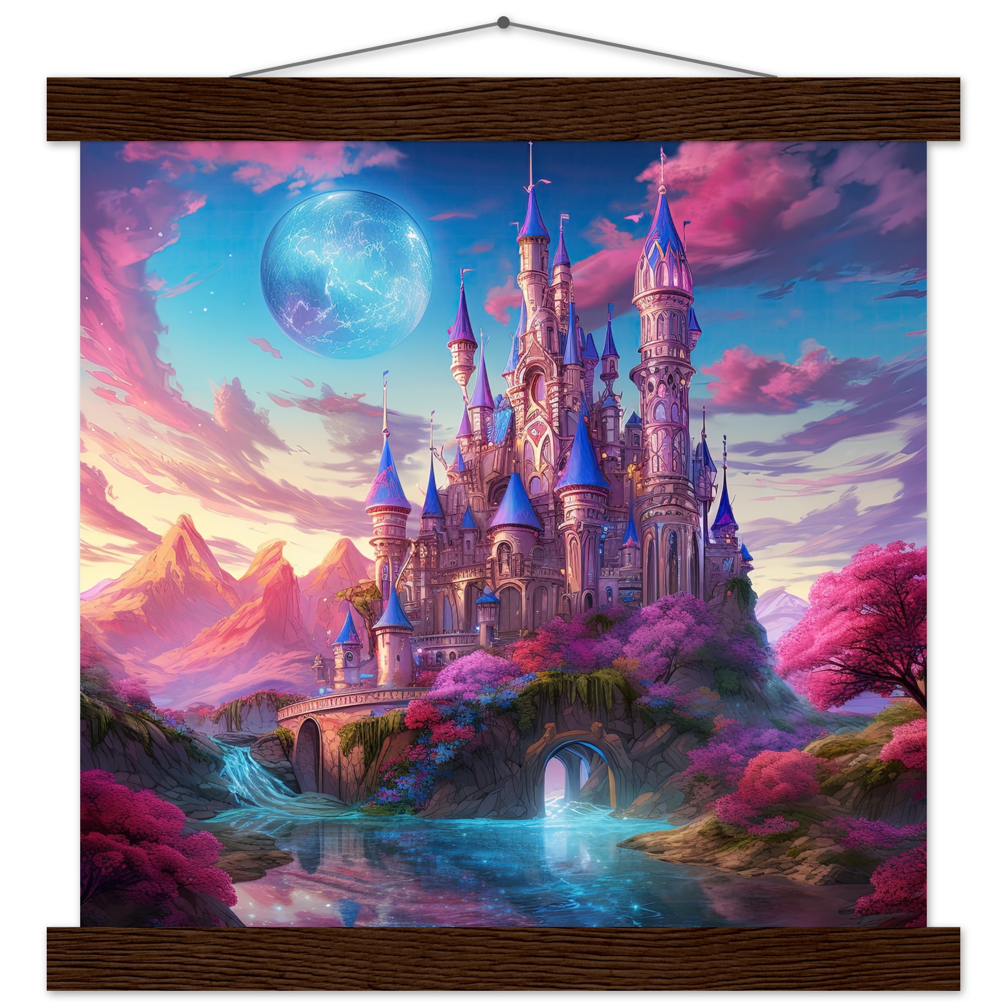 Colorful Fairy Tale Castle Art Print with Hanger – 30×30 cm / 12×12″, Dark wood wall hanger