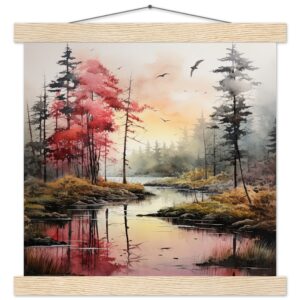 Red Lake Sunset - Watercolor Landscape Print with Hanger - 30x30 cm / 12x12″, Natural wood wall hanger