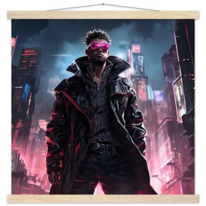 Cool Cyberpunk Dude Art Print with Hanger - 50x50 cm / 20x20″, Natural wood wall hanger