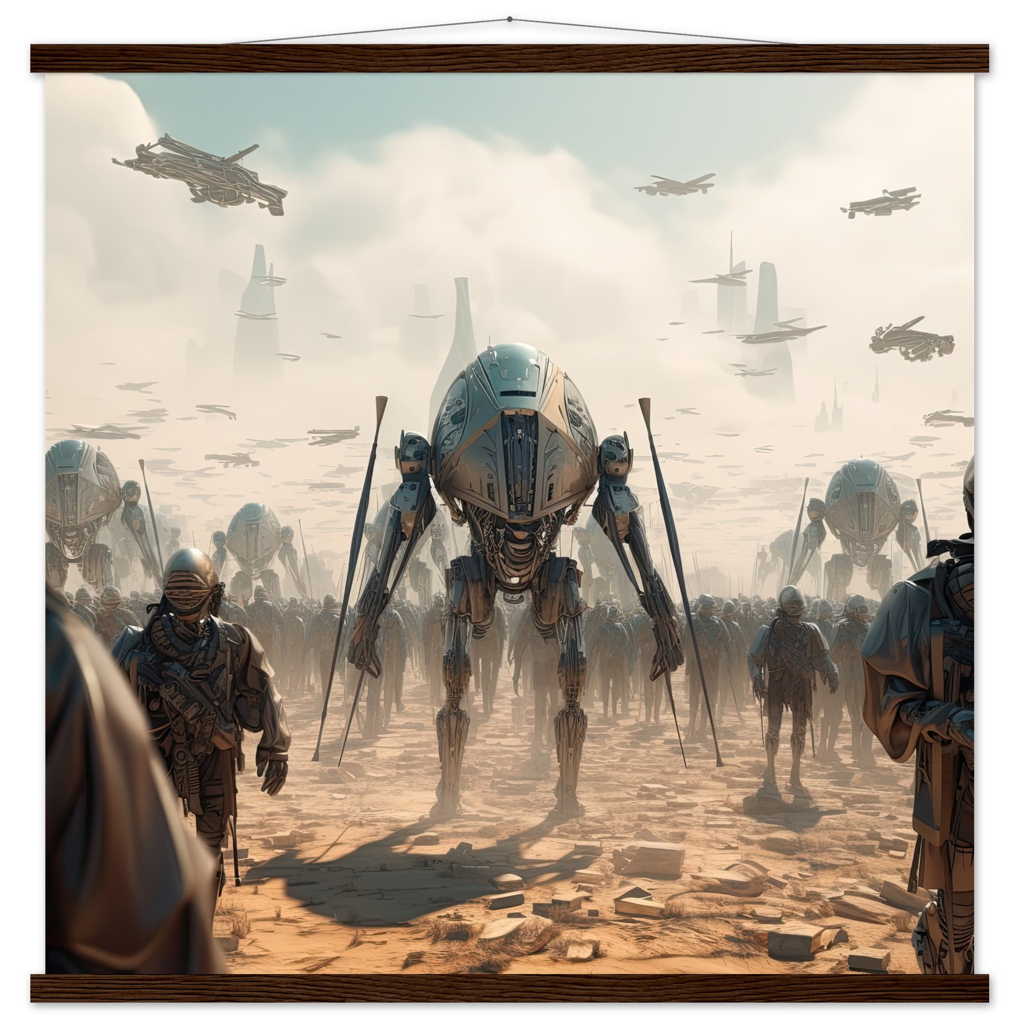 Future War Sci-Fi Art Print with Hanger – 70×70 cm / 28×28″, Dark wood wall hanger
