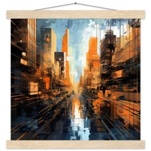 Abstract City Art Print with Hanger - 35x35 cm / 14x14″, Natural wood wall hanger