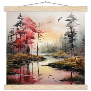 Red Lake Sunset - Watercolor Landscape Print with Hanger - 35x35 cm / 14x14″, Natural wood wall hanger