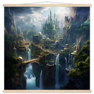 Elven Kingdom Art Print with Hanger - 70x70 cm / 28x28″, Natural wood wall hanger