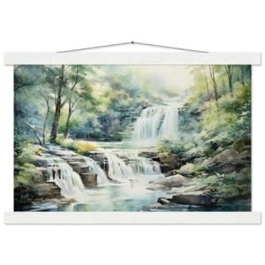 Serene Waterfall in Watercolor Art Print with Hanger - 30x45 cm / 12x18″, White wall hanger