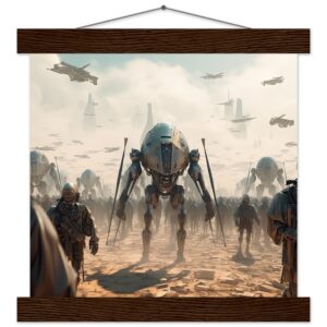 Future War Sci-Fi Art Print with Hanger - 25x25 cm / 10x10″, Dark wood wall hanger