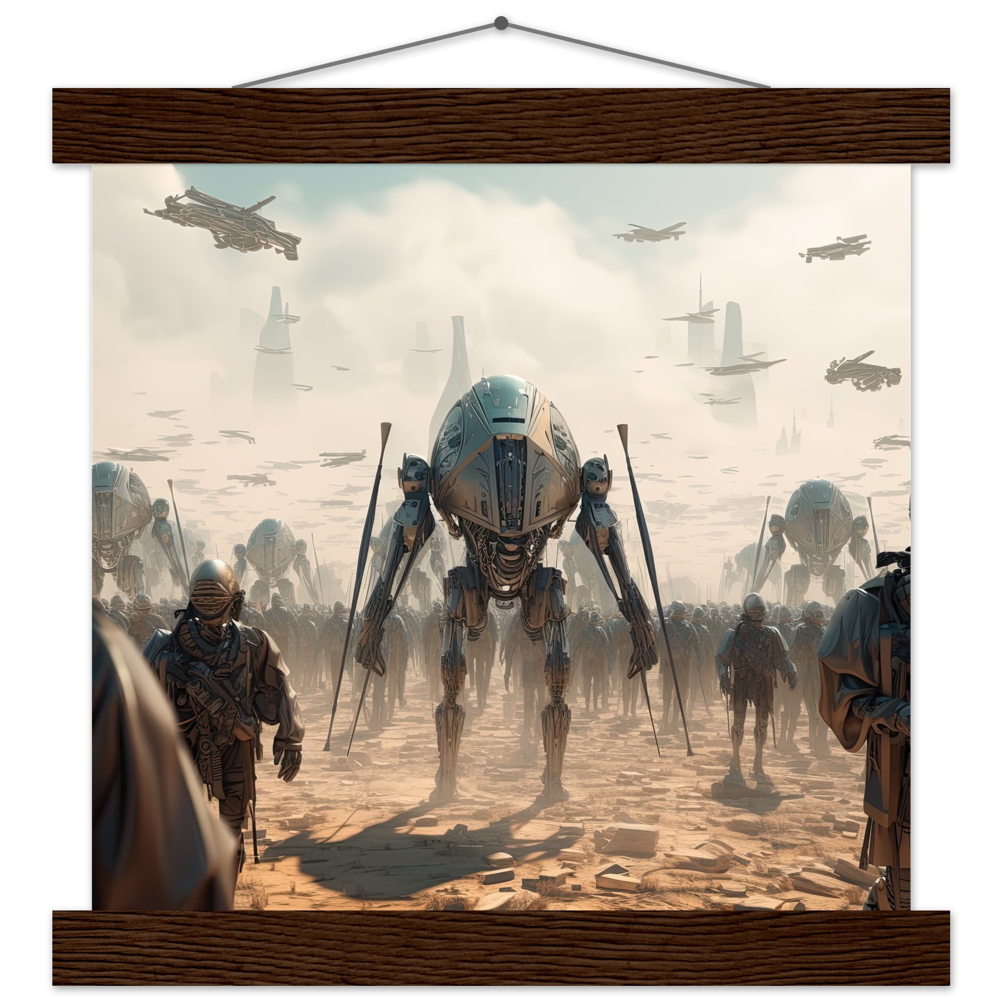 Future War Sci-Fi Art Print with Hanger – 25×25 cm / 10×10″, Dark wood wall hanger