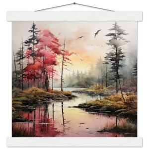 Red Lake Sunset - Watercolor Landscape Print with Hanger - 30x30 cm / 12x12″, White wall hanger