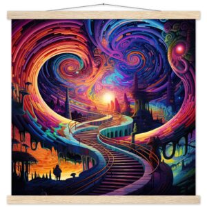 Trippy Colorful Adventure Art Print with Hanger - 50x50 cm / 20x20″, Natural wood wall hanger