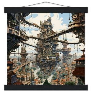 Surreal City Art Print with Hanger - 30x30 cm / 12x12″, Black wall hanger
