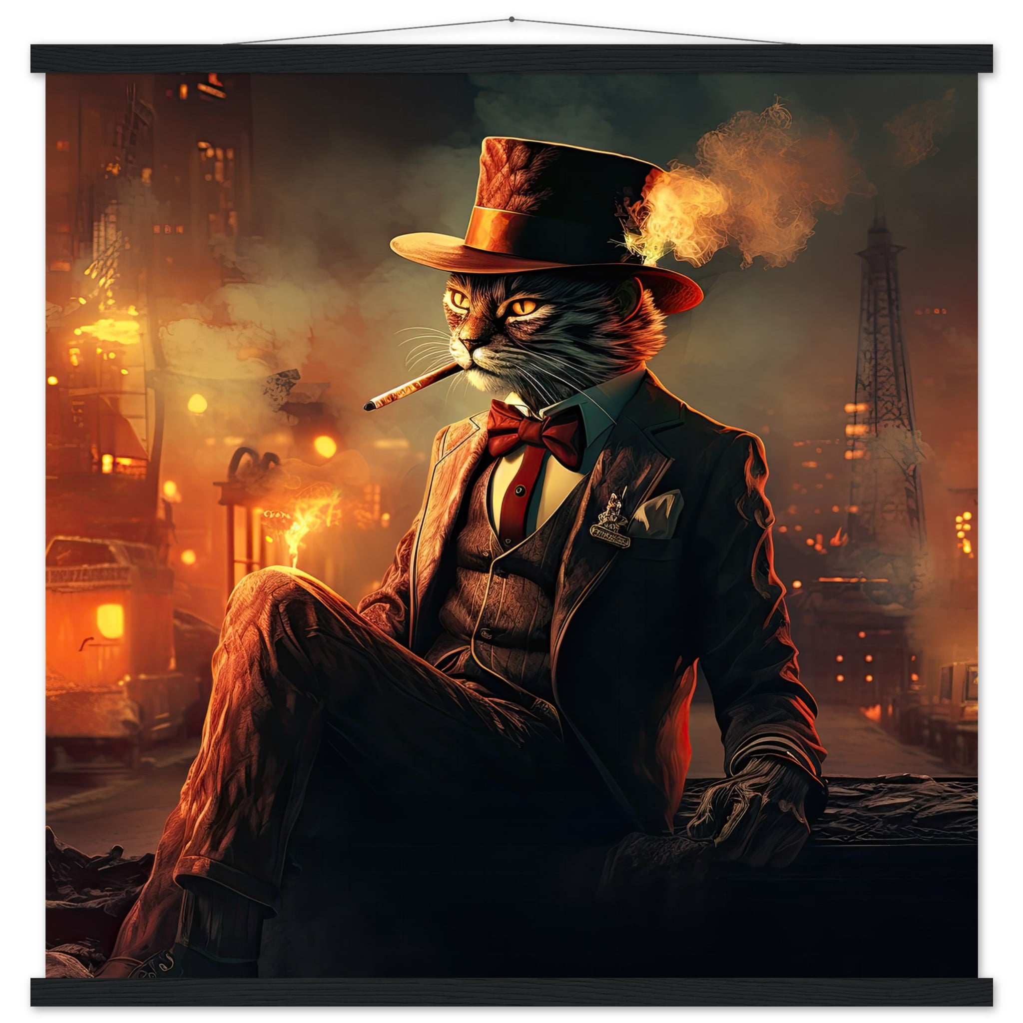 Gangster Cat Cool Art Print with Hanger – 70×70 cm / 28×28″, Black wall hanger