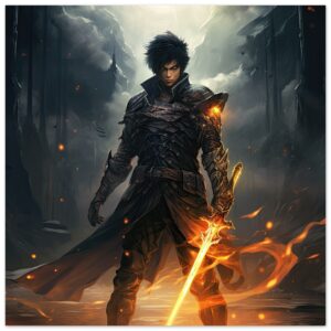 Male Anime Character - Flaming Sword - Art Poster - 30x30 cm / 12x12″