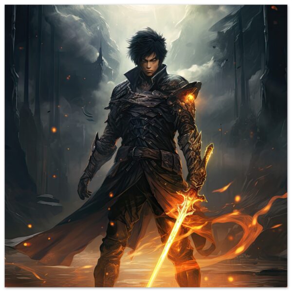 Male Anime Character - Flaming Sword - Art Poster - 30x30 cm / 12x12″