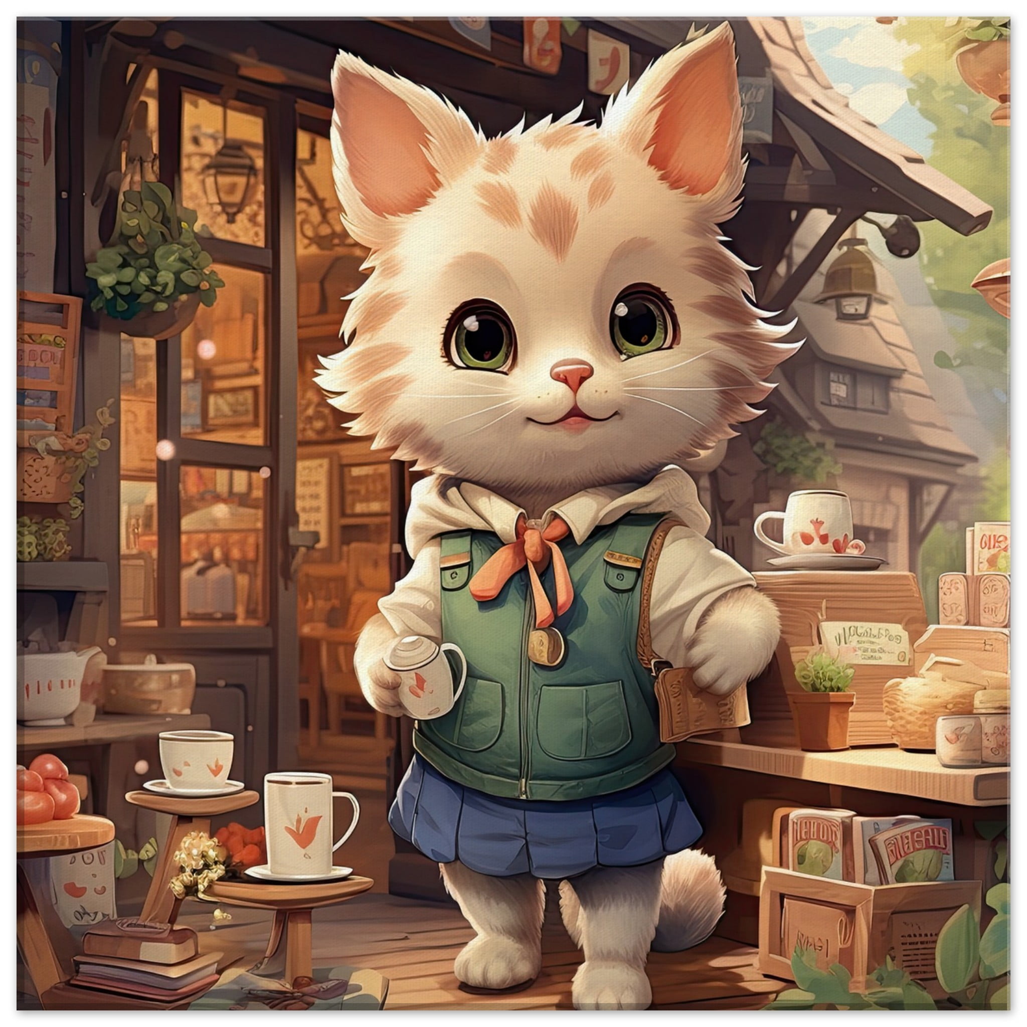 Cute Kitten Coffee Shop Canvas Print – 50×50 cm / 20×20″, Thick