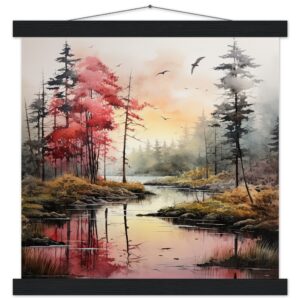 Red Lake Sunset - Watercolor Landscape Print with Hanger - 35x35 cm / 14x14″, Black wall hanger
