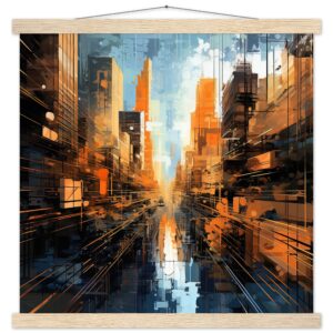 Abstract City Art Print with Hanger - 45x45 cm / 18x18″, Natural wood wall hanger
