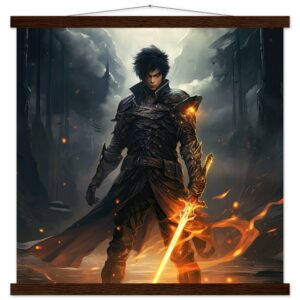 Male Anime Character - Flaming Sword - Art Print with Hanger - 50x50 cm / 20x20″, Dark wood wall hanger
