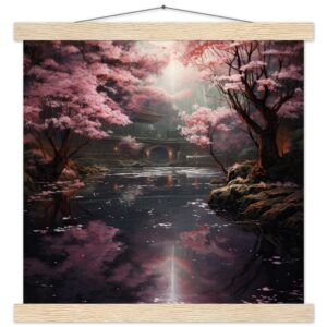 Secret Cherry Blossom Temple Art Print with Hanger - 35x35 cm / 14x14″, Natural wood wall hanger
