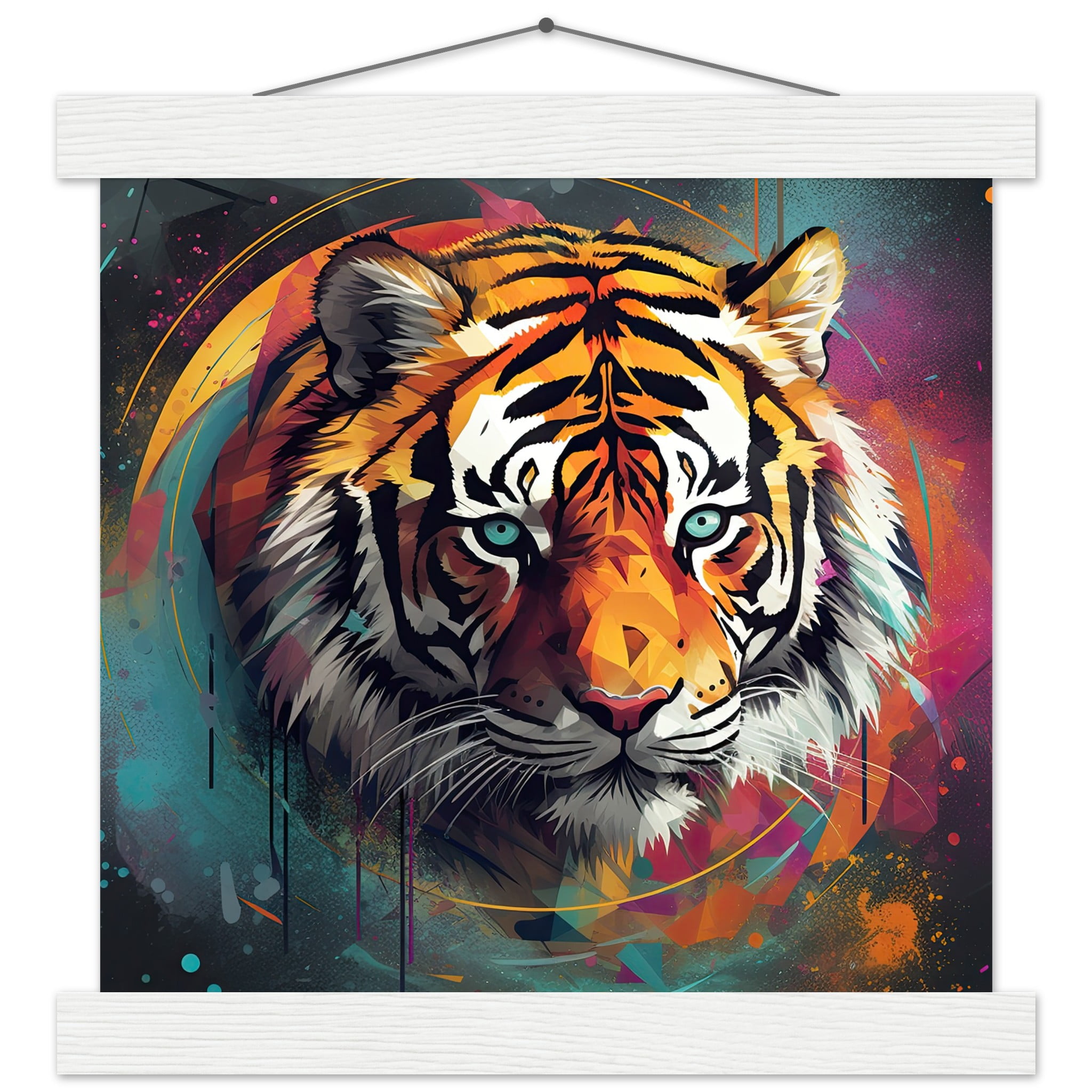 Tiger Colorful Abstract Art Print with Hanger – 25×25 cm / 10×10″, White wall hanger