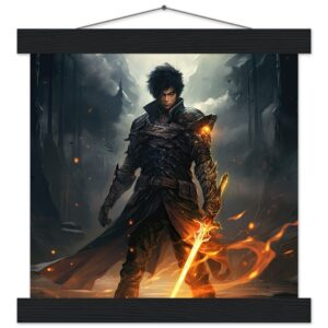 Male Anime Character - Flaming Sword - Art Print with Hanger - 25x25 cm / 10x10″, Black wall hanger