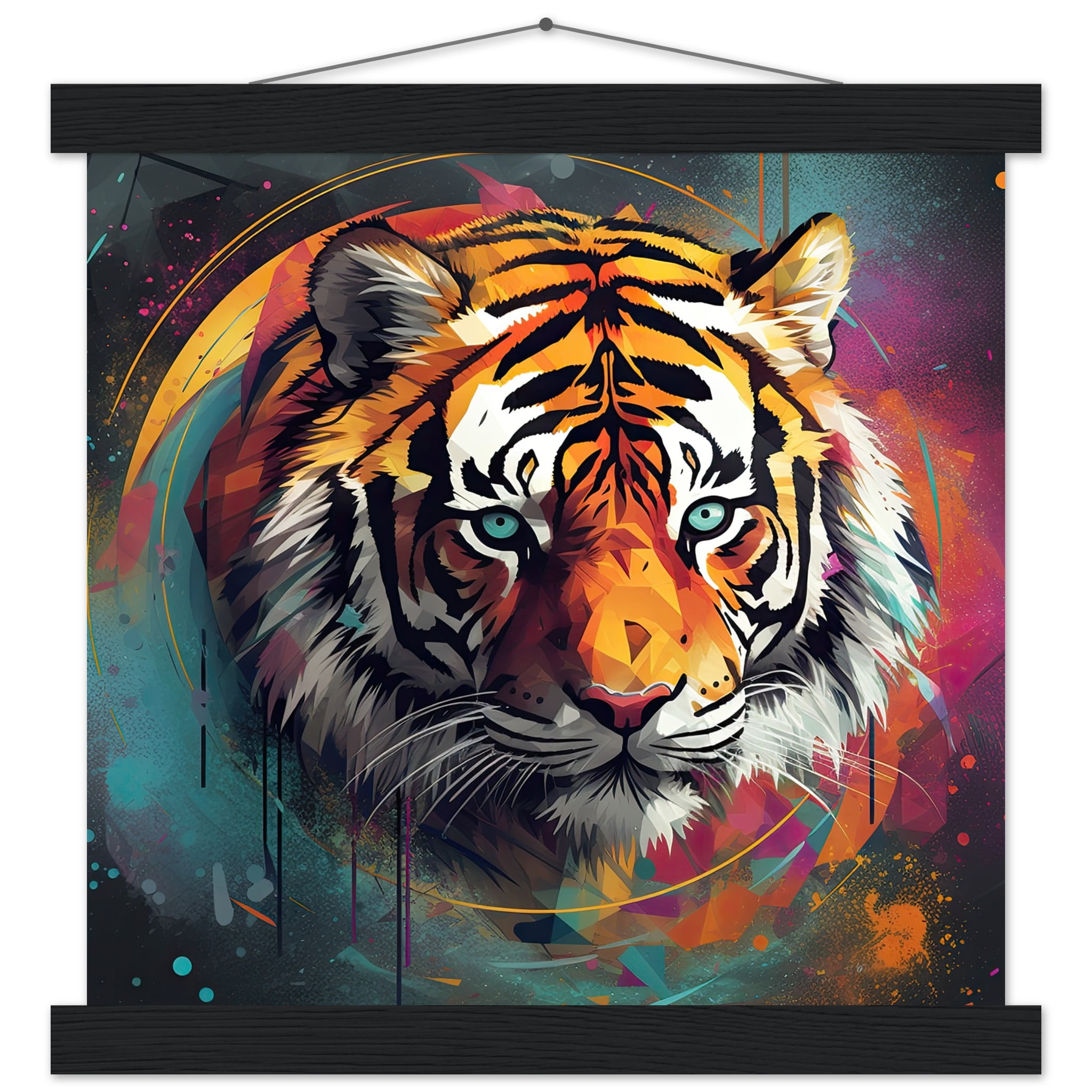 Tiger Colorful Abstract Art Print with Hanger – 30×30 cm / 12×12″, Black wall hanger