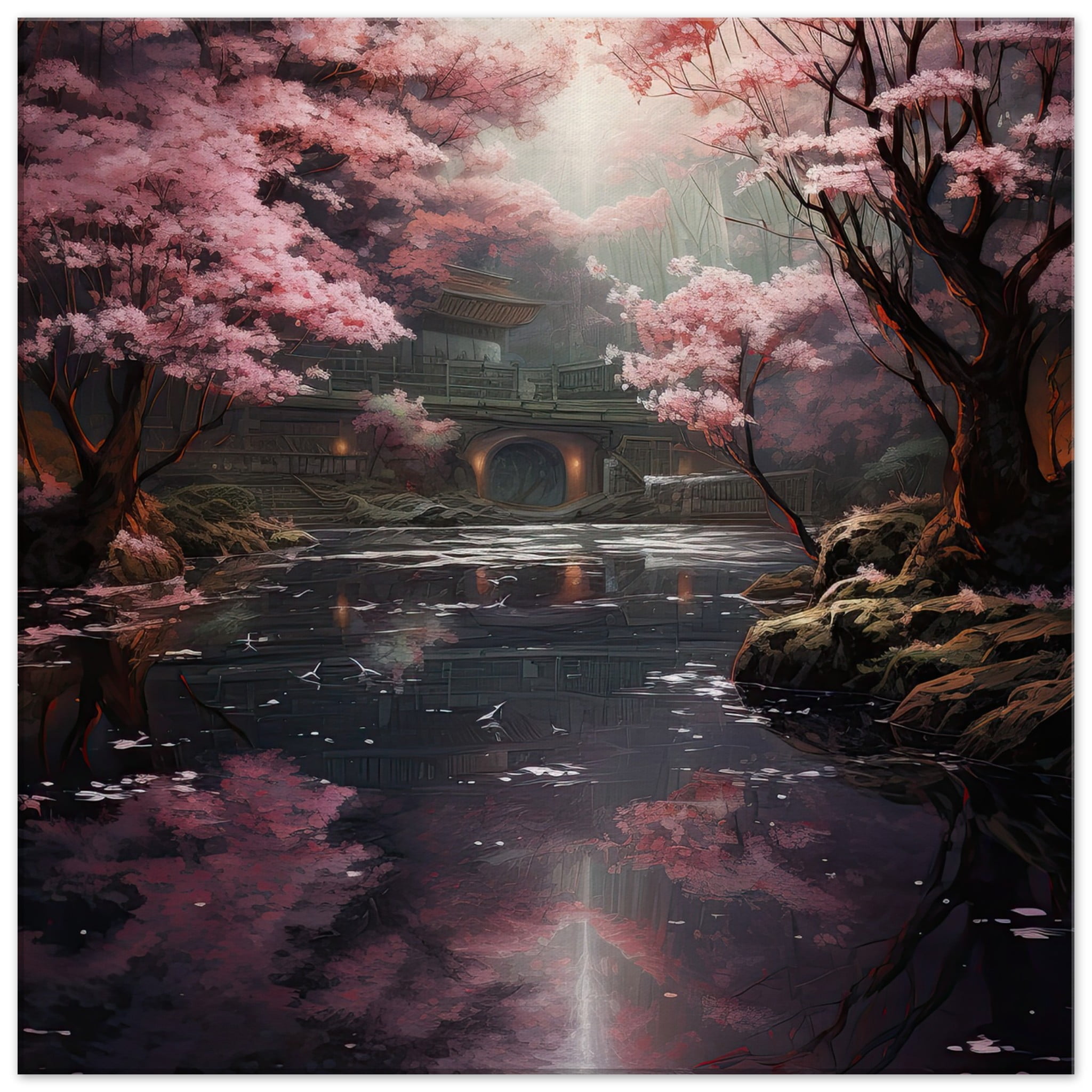 Secret Cherry Blossom Temple Canvas Print – 60×60 cm / 24×24″, Slim