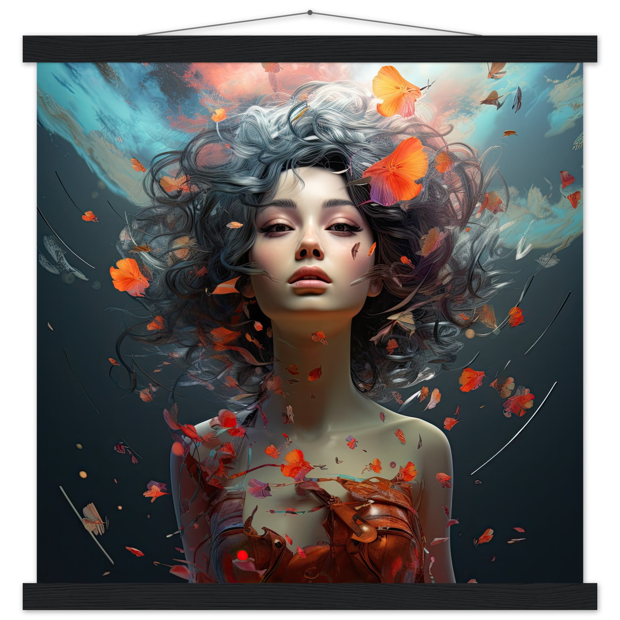 Digital Art – Girl Beautiful Abstract – Art Print with Hanger – 45×45 cm / 18×18″, Black wall hanger