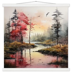 Red Lake Sunset - Watercolor Landscape Print with Hanger - 50x50 cm / 20x20″, White wall hanger