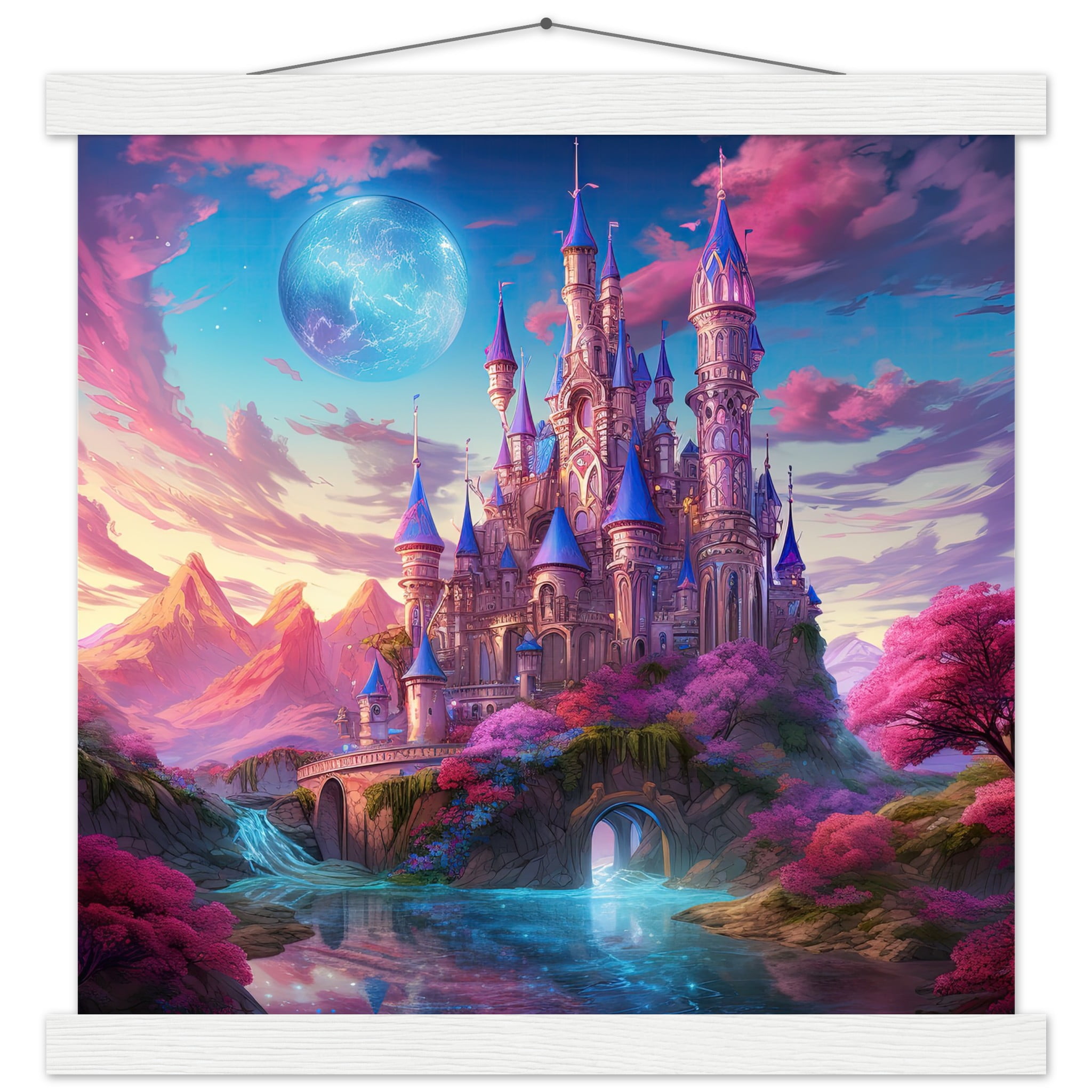 Colorful Fairy Tale Castle Art Print with Hanger – 35×35 cm / 14×14″, White wall hanger