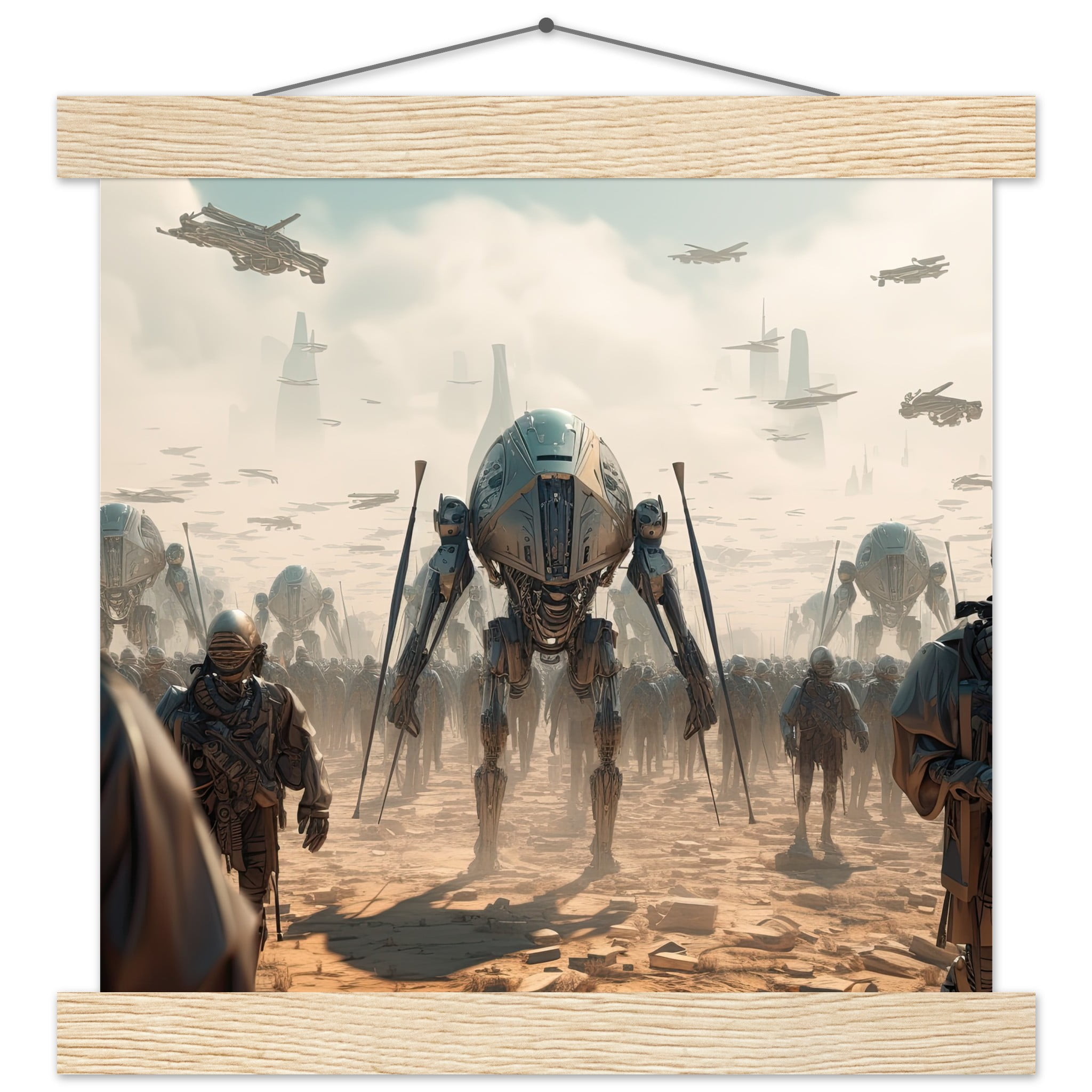 Future War Sci-Fi Art Print with Hanger – 25×25 cm / 10×10″, Natural wood wall hanger