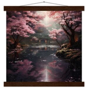 Secret Cherry Blossom Temple Art Print with Hanger - 35x35 cm / 14x14″, Dark wood wall hanger
