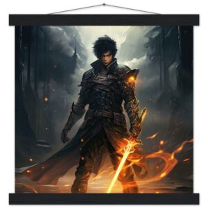 Male Anime Character - Flaming Sword - Art Print with Hanger - 35x35 cm / 14x14″, Black wall hanger