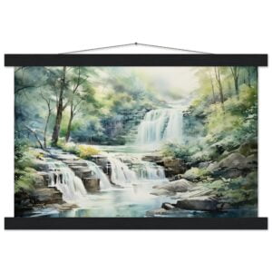 Serene Waterfall in Watercolor Art Print with Hanger - 30x45 cm / 12x18″, Black wall hanger