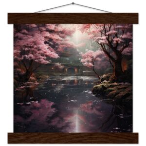 Secret Cherry Blossom Temple Art Print with Hanger - 25x25 cm / 10x10″, Dark wood wall hanger