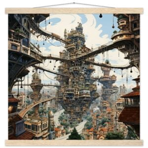 Surreal City Art Print with Hanger - 50x50 cm / 20x20″, Natural wood wall hanger