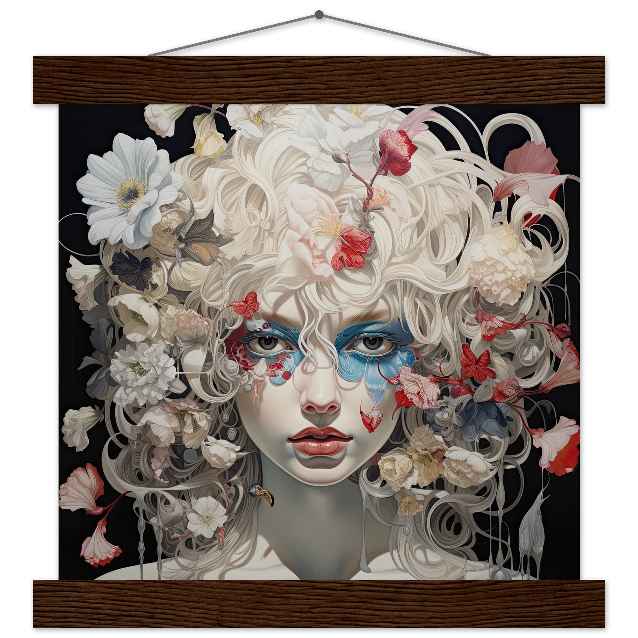 Flower Girl Art Print with Hanger – 25×25 cm / 10×10″, Dark wood wall hanger