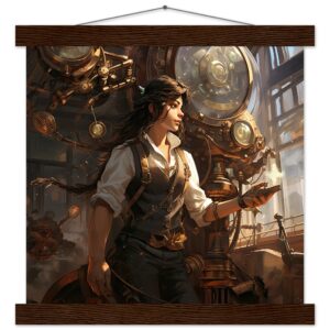 Steampunk Princess Art Print with Hanger - 30x30 cm / 12x12″, Dark wood wall hanger