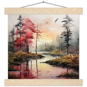 Red Lake Sunset - Watercolor Landscape Print with Hanger - 25x25 cm / 10x10″, Natural wood wall hanger