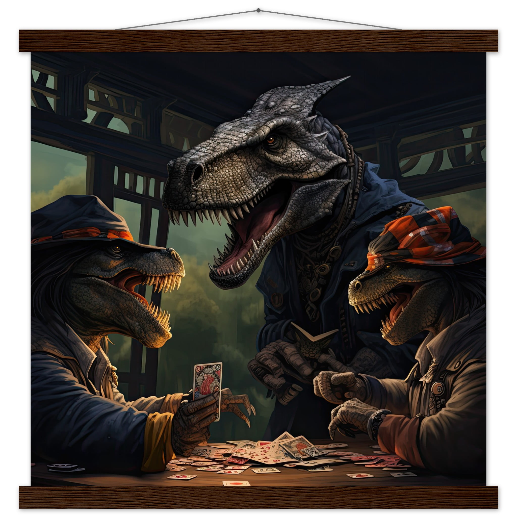 Tyrannosaurus Rex Poker Art Print with Hanger – 45×45 cm / 18×18″, Dark wood wall hanger