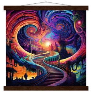 Trippy Colorful Adventure Art Print with Hanger - 40x40 cm / 16x16″, Dark wood wall hanger