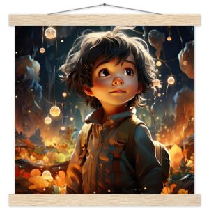 Enchanted World - Boy Adventurer - Art Print with Hanger - 35x35 cm / 14x14″, Natural wood wall hanger