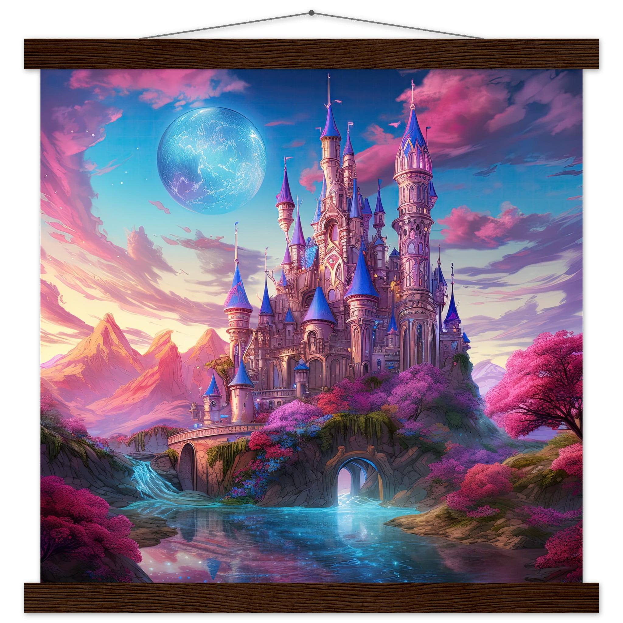 Colorful Fairy Tale Castle Art Print with Hanger – 40×40 cm / 16×16″, Dark wood wall hanger